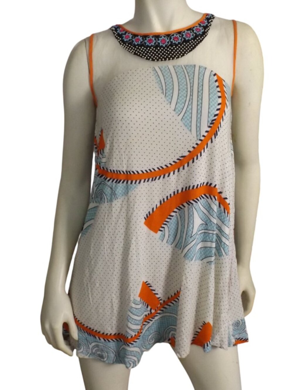 VINEET BAHL Top, XS, Beaded Neck, Jersey, Sleeveless, Mixed print, Illusion Neck